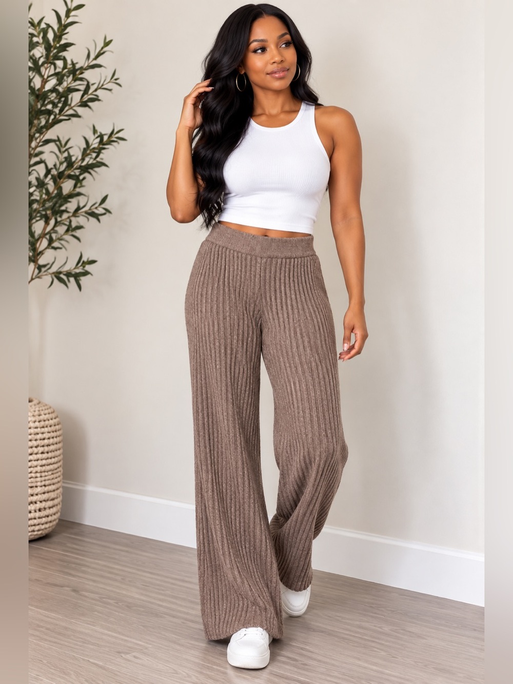 GAP Brown Ribbed Knit Wide Leg Pants Small Petite Pull-On